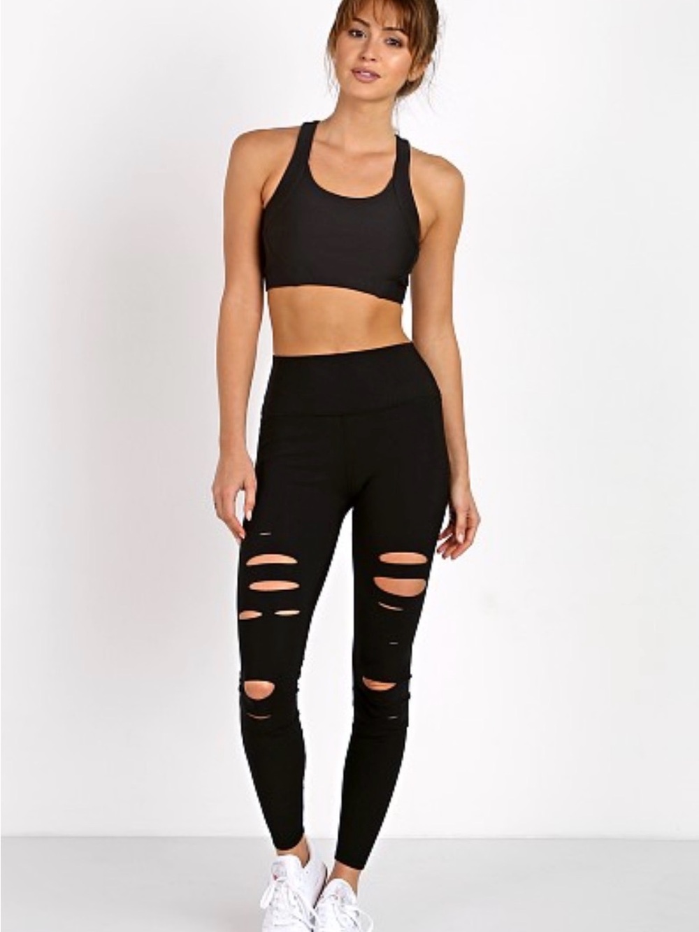 ALO Yoga Ripped Warrior Leggings Black High Rise Distressed Cutout XS